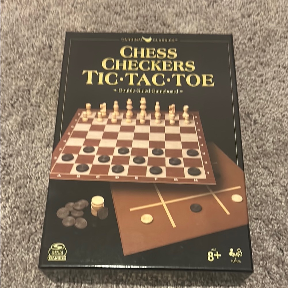 Chess, Checkers, Tic-Tac-Toe Game Set - Brown